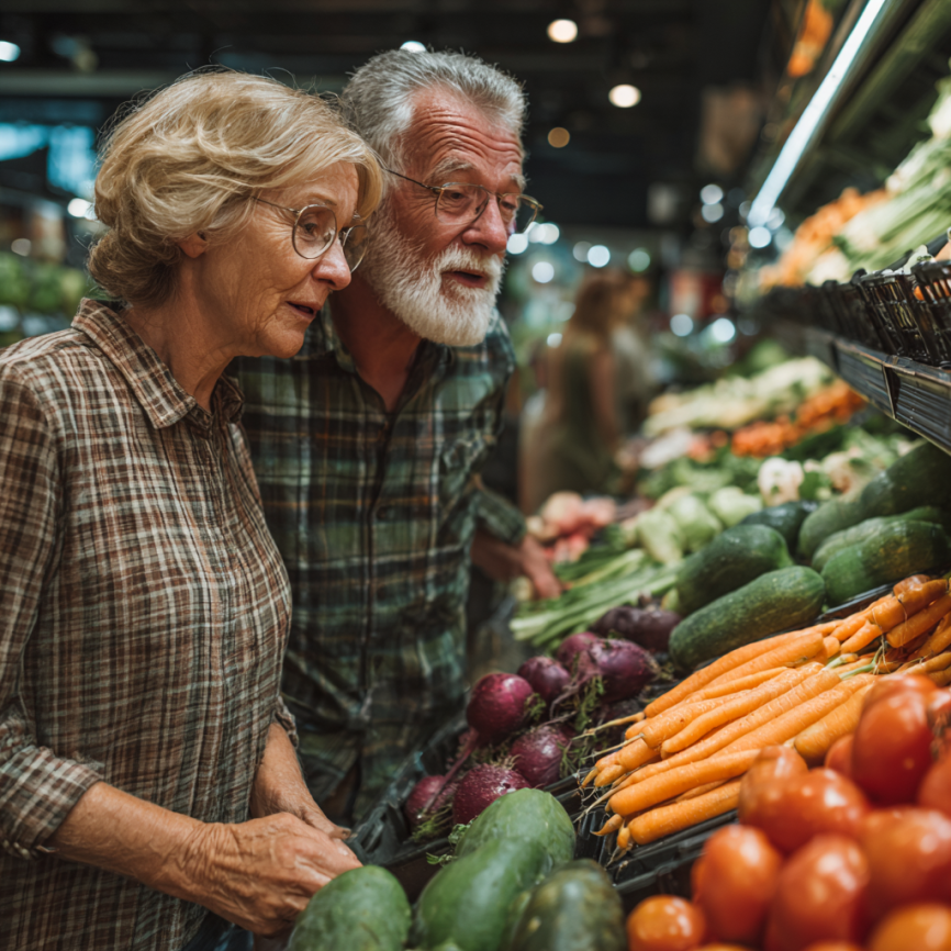 Цветни здравословни храни и възрастен човек в добра физическа форма